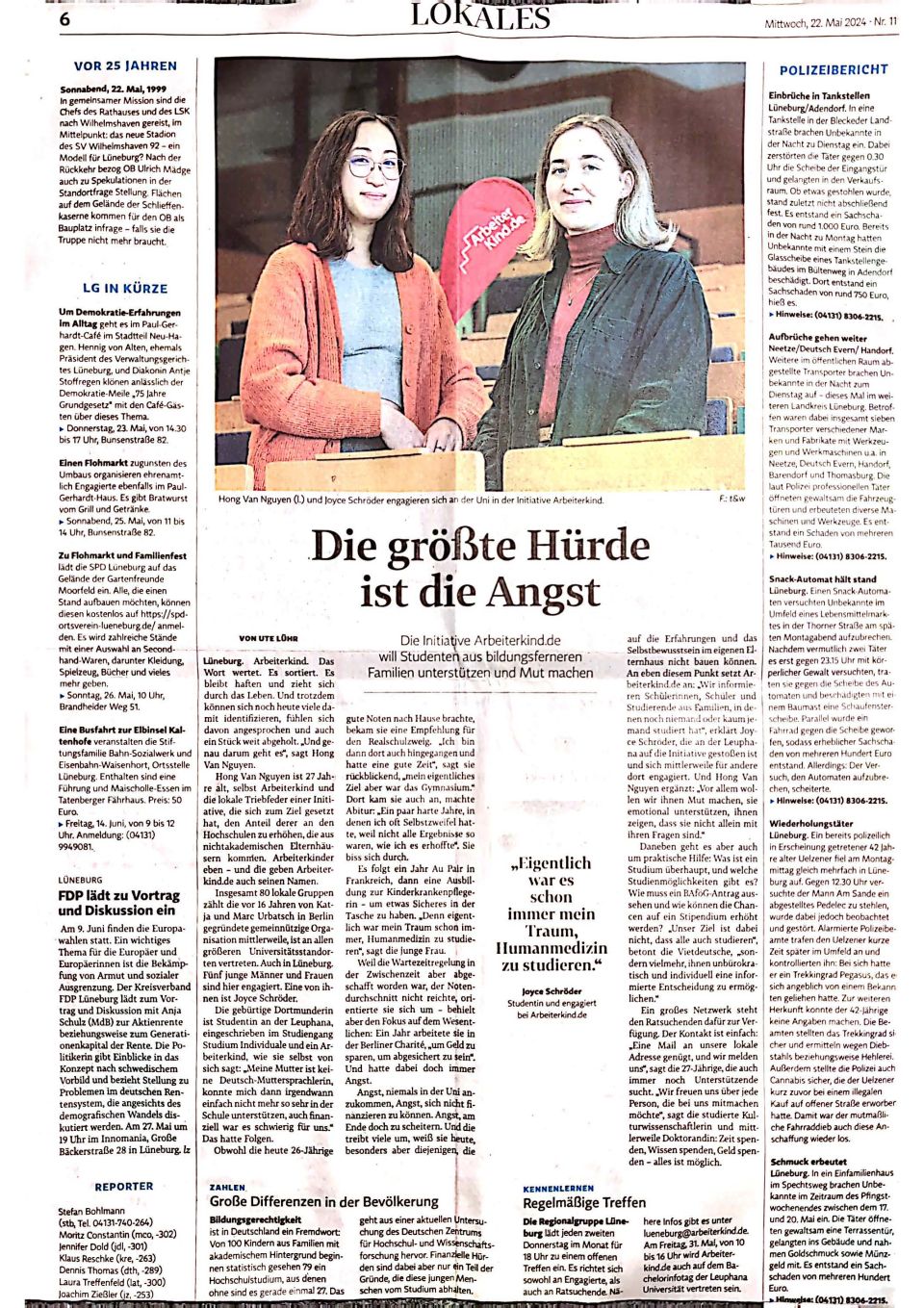 Scan eines Zeitungsartikels in der Landeszeitung L&uuml;neburg vom 22.05.2024 &uuml;ber ArbeiterKind.de mit einem Bild von Van und Joyce, zwischen ihnen eine ArbeiterKind.de Flagge