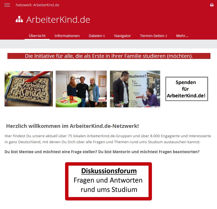 Bildschirmfoto vom Online-Netzwerk von ArbeiterKind.de