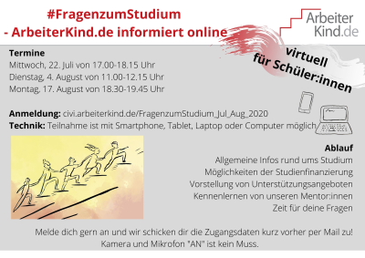 Flyer #FragenzumStudium mit den Terminen, also 22. Juli, 4. August und 17. August