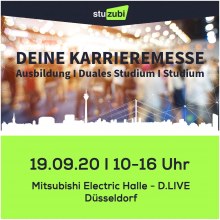 Grafik mit den Daten zur Stuzubi Düsseldorf: 19.9.2020, 10-16 Uhr, Mitsubishi Electric Halle